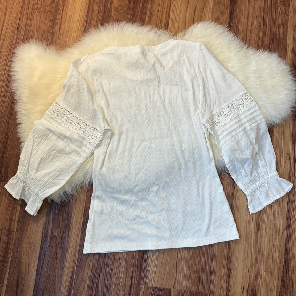 Roolee White Ribbed Puff Sleeve Peasant Top • Size S - Picture 3 of 4
